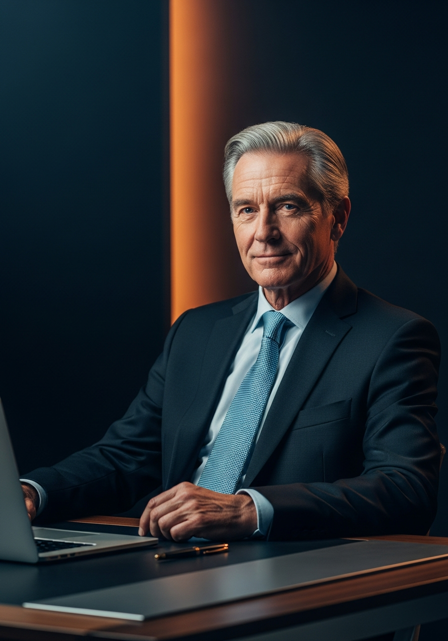 Líder sênior transmitindo confiança e autoridade estratégica em ambiente corporativo