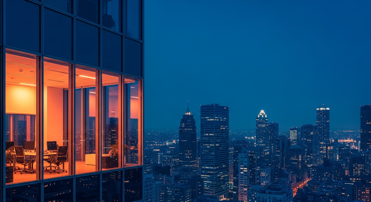 Horizonte urbano noturno simbolizando ambição e decisão estratégica para crescimento