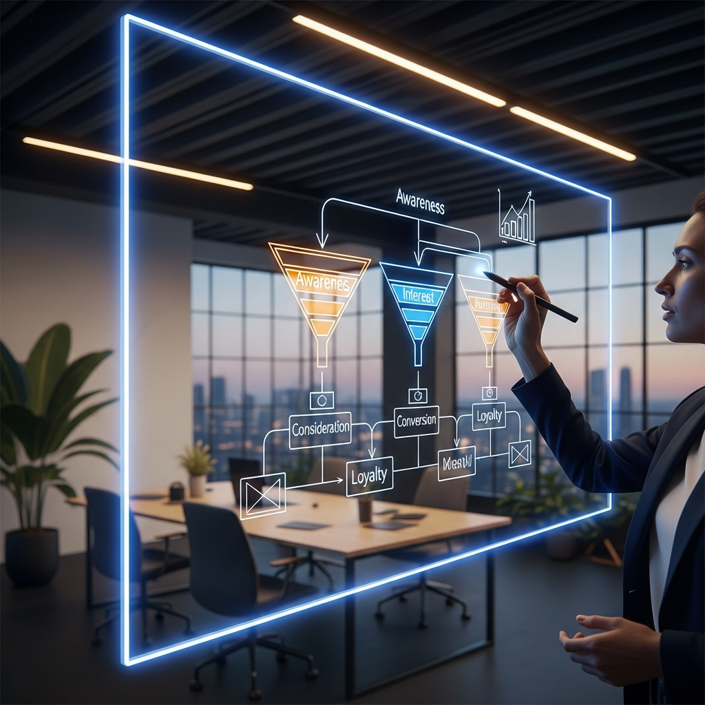 Consultor desenhando arquitetura de funil digital em quadro transparente