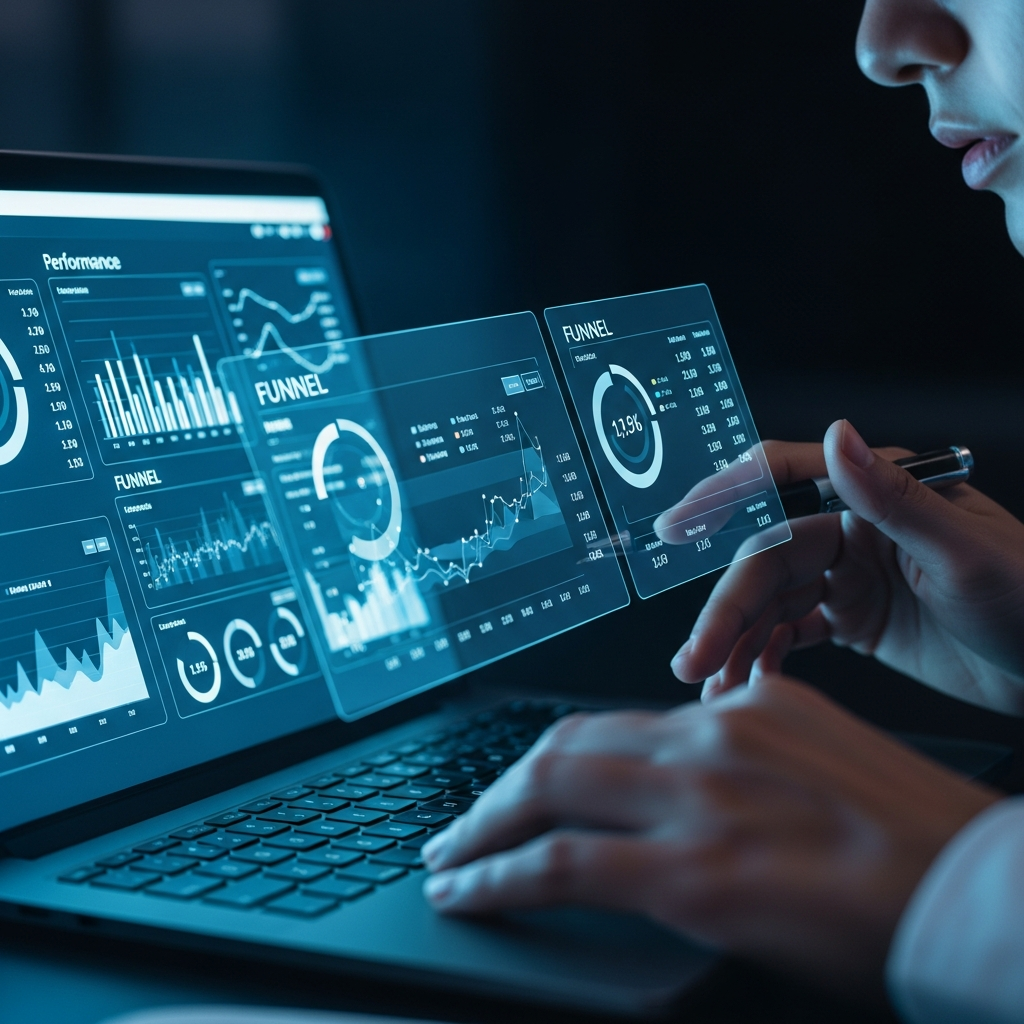 Estrategista avaliando dados de funil e métricas de aquisição em painel analítico