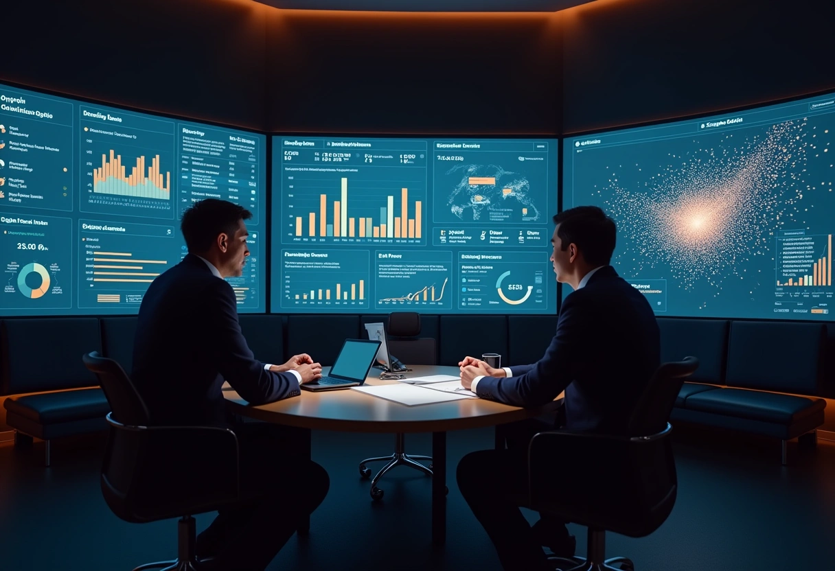 Painel estratégico conectando SEO tradicional e GEO para IA em ambiente corporativo premium