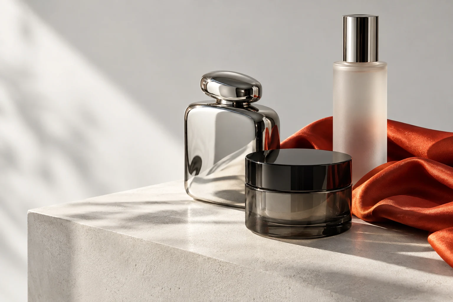 Composição editorial de produtos de beleza, vidro e metal com tecido coral, conceito visual ilustrativo de marca