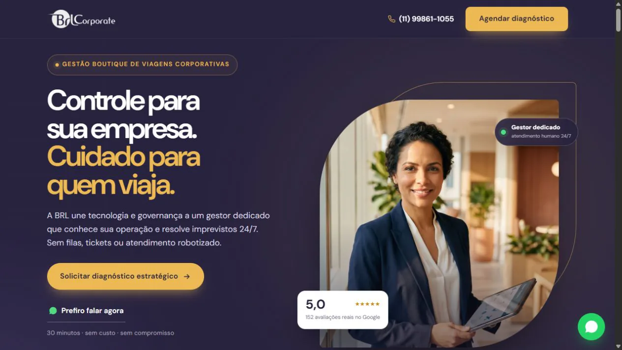Landing page da BRL Corporate sobre gestão boutique de viagens corporativas