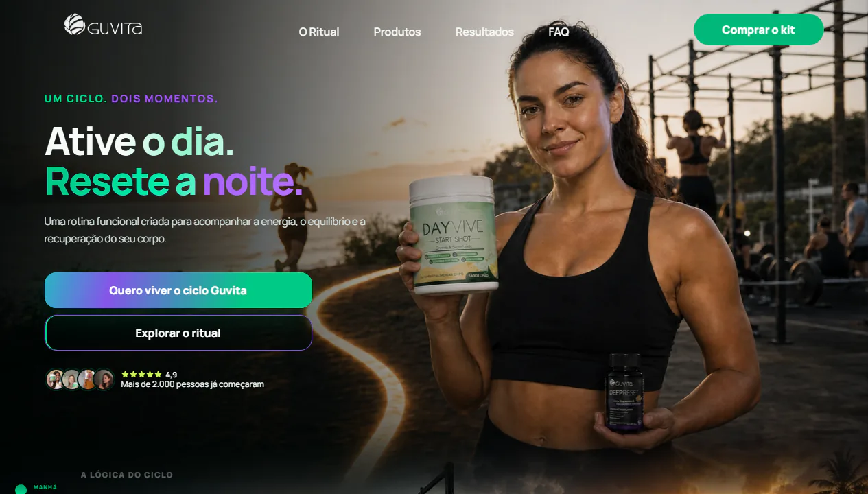 Landing page Guvita Ciclo 24h com os produtos Dayvive e Deepreset em uma rotina funcional de dia e noite