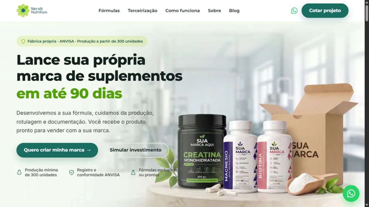 Site da Veridi Nutrition para fabricação de suplementos de marca própria